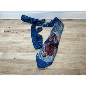 2004 Marvel Spider-Man 2 Web String Hanging Dangling Blue Silk Pointed Necktie
